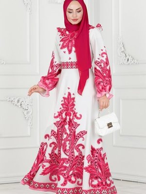 Fuşya Fırfır Detaylı Atlas Elbise Fuşya Fırfır Detaylı Atlas Elbise