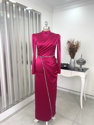 Saten Sare Abiye Elbise Fuşya