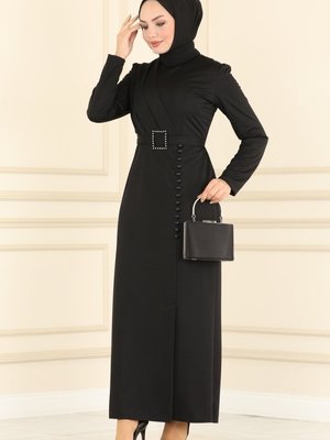 Siyah Aksesuar Düğmeli Kalem Elbise