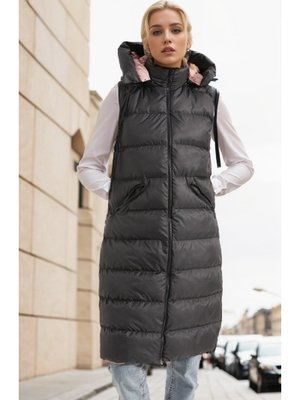 Fermuarlı Uzun Şişme Yelek Siyah Pudra