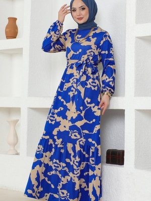 Saks Desenli Kemerli Helen Elbise