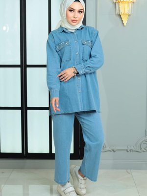 Düğmeli Taş Detaylı Takım Açık Kot