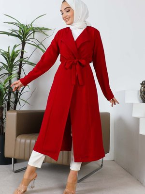 Kırmızı Kruvaze Yaka Kuşaklı Kap Kırmızı Kruvaze Yaka Kuşaklı Kap