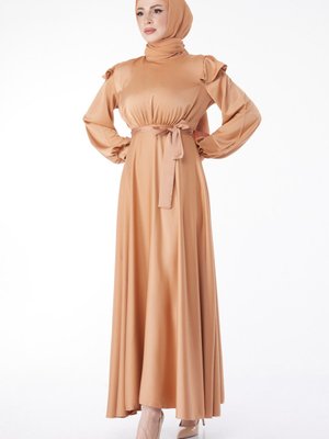 Düz Hakim Yaka Vizon Prenses Kol Abiye Elbise