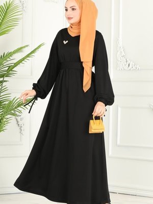 Siyah Manşeti Bağcıklı Elbise