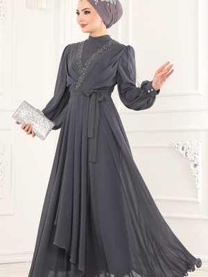 Gri Taş İşlemeli Şifon Abiye Elbise