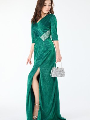 Zümrüt Dirsek Kol Beli Taş Detay Abiye Elbise