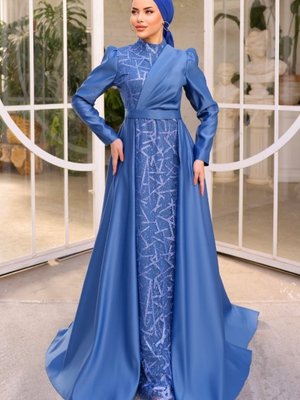 İndigo Afitap Saten Abiye Elbise