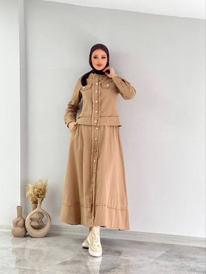 Camelya Çizgili Keten Kumaş Etek Ceket 2'li Takım