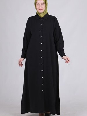 Siyah Büyük Beden Düğmeli Pantolonlu Uzun Takım Siyah Büyük Beden Düğmeli Pantolonlu Uzun Takım