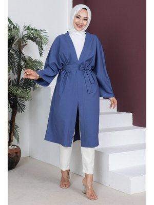 İndigo Beli Kuşaklı Kimono