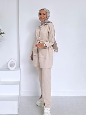 Yırtmaç Detay Çift Cep Scuba Takım Bej