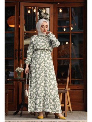 Haki Papatya Desen Dokuma Elbise