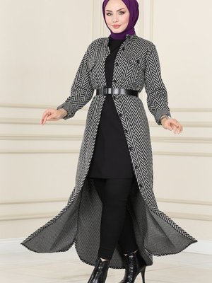 Siyah Deri Kemerli Kışlık Elbise & Ferace