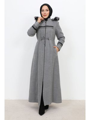 Gri Deri Detaylı Boydan Fermuarlı Kaşe Kaban Gri Deri Detaylı Boydan Fermuarlı Kaşe Kaban