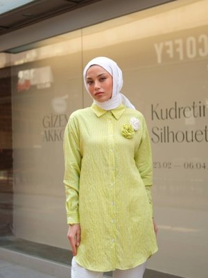 Gül Detaylı Çizgili Kumaş Tunik Boy Gömlek