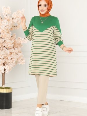 Benetton Yeşili Çizgili Spor Tunik