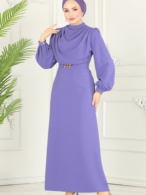 Lila Degaje Yaka Kemerli Elbise