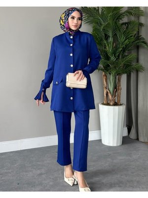 Kol Detaylı Mavi Krep Takım