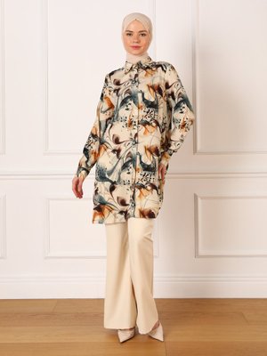 Bej Suluboya Desenli Viskon Gömlek Tunik