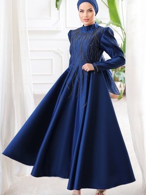 Lacivert Taş İşlemeli Saten Abiye Elbise