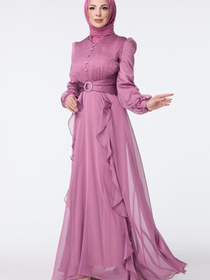 Gul Balon Kol Önü Düğmeli Volanlı Şifon Abiye Elbise