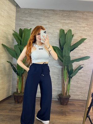 Lacivert İpli Palazzo Pantolon