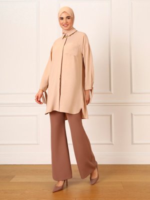 Bej Bağlama Detaylı Arkası Uzun Tunik