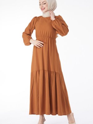 Düz Bisiklet Yaka Taba Beli Bağcıklı Elbise Düz Bisiklet Yaka Taba Beli Bağcıklı Elbise