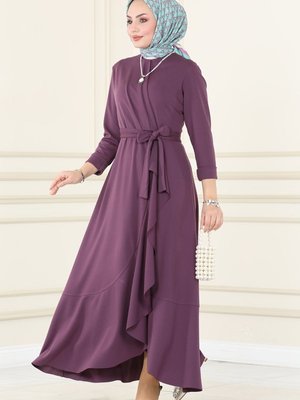 Koyu Lila Eteği Volanlı Elbise