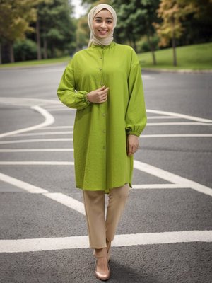 Fıstık Yeşili Boydan Düğmeli Hakim Yaka Tunik Fıstık Yeşili Boydan Düğmeli Hakim Yaka Tunik