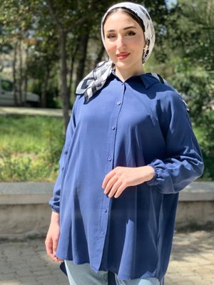 Lacivert Kolu Lastikli Tensel Tunik