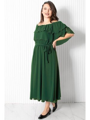 Karmen Yaka Şifon Abiye Elbise Zümrüt