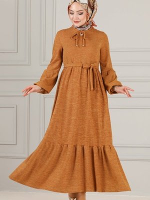 Hardal Yakası Bağcıklı Selanik Elbise