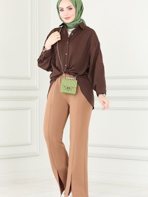 Latte Önden Yırtmaçlı Dalgıç Pantolon Latte Önden Yırtmaçlı Dalgıç Pantolon