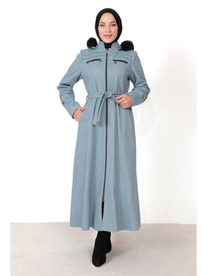 Mavi Süs Cepli Fermuarlı Tam Boy Kaşe Kaban Mavi Süs Cepli Fermuarlı Tam Boy Kaşe Kaban