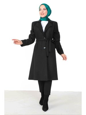Siyah Kruvaze Yaka Beli Kuşaklı Kaşe Kaban Siyah Kruvaze Yaka Beli Kuşaklı Kaşe Kaban