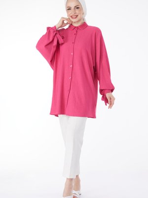 Düz Bebe Yaka Fuşya Bilekleri Bağcıklı Tunik