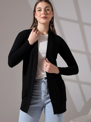 Yaka Ve Kol Bant Detaylı Puantiye Jakarlı Esnek Penye Uzun & Hırka Yaka Ve Kol Bant Detaylı Puantiye Jakarlı Esnek Penye Uzun & Hırka