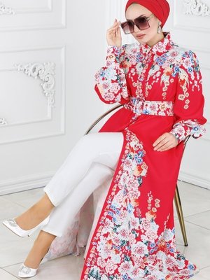 Kırmızı Çiçek Desenli Atlas Elbise Kırmızı Çiçek Desenli Atlas Elbise