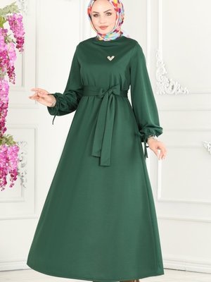 Zümrüt Manşeti Bağcıklı Elbise