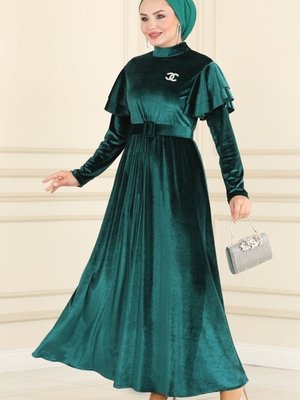 Zümrüt Kolları Volanlı Elbise