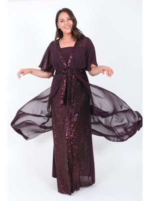 Büyük Beden Mürdüm Uzun Abiye Elbise