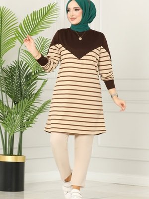 Koyu Kahve Çizgili Spor Tunik