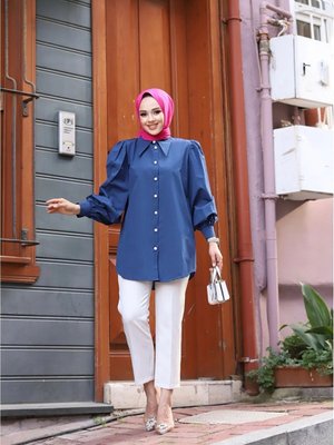 Giyim Sivri Yaka Balon Kol Poplin Teri Cotton Kumaş Taşlı Düğmeli Gömlek Lacivert