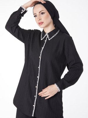 Düz Gömlek Yaka Siyah Tunik Pantolon İkili Takım