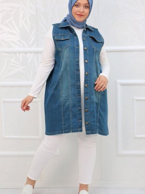 Büyük Beden Taşlamalı Tırnaklı Kot Yelek Petrol