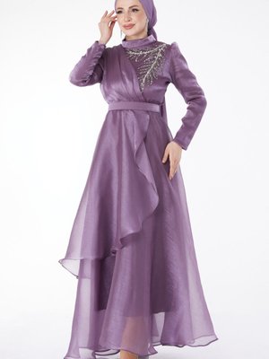 Düz Hakim Yaka Lila Işıltılı Taş Detaylı Abiye Elbise