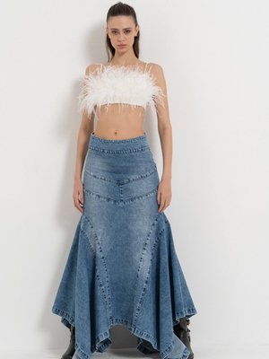 Mavi Parçalı Uzun Kot Etek