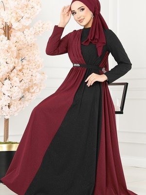 Bordo & Siyah Çift Renkli Kemerli Elbise